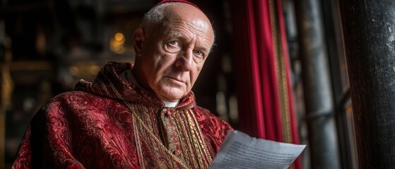 Elderly man in ornate red robe reading document by window in dimly lit room with intense expression and historical ambiance