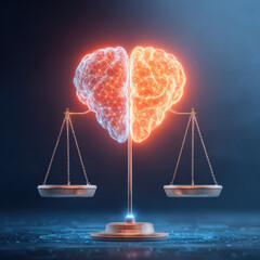Glowing digital brain with blue and orange halves balanced on metallic scale, symbolizing AI ethics and decision making balance