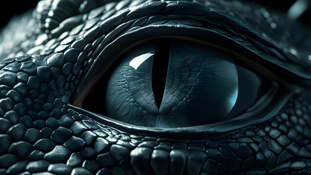 Close-up of a dragon's eye, showcasing its reptilian scales and piercing, blue, slit-shaped pupil.