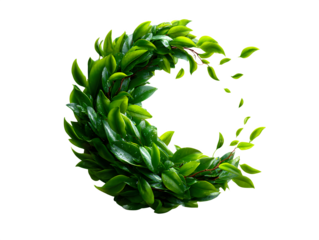 Curved arc of green leaves and soft stems, arranged in flowing motion to symbolize growth and vitality, on white background, isolated to transparent background