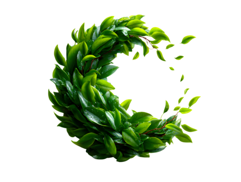 Curved arc of green leaves and soft stems, arranged in flowing motion to symbolize growth and vitality, on white background, isolated to transparent background