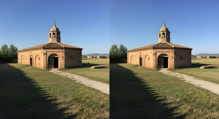 Naklejka premium Historical rustic brick chapel building in a flat green landscape under clear blue sky