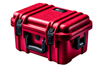 Durable red cooler box with molded handles, captured on white background and clipped for transparent PNG use