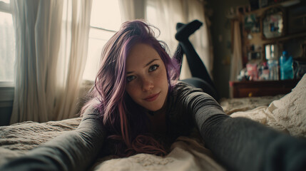Obraz premium a purple-haired girl, about 18, lying on a bed, facing the camera.