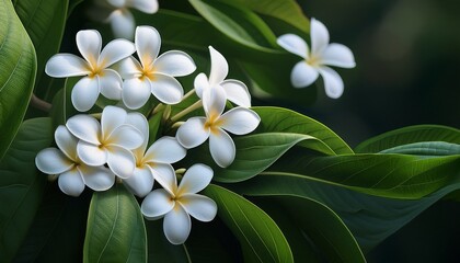 Obraz premium delicate white flowers on lush green leaves