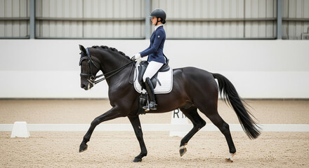 Woman in a helmet riding a black dressage horse