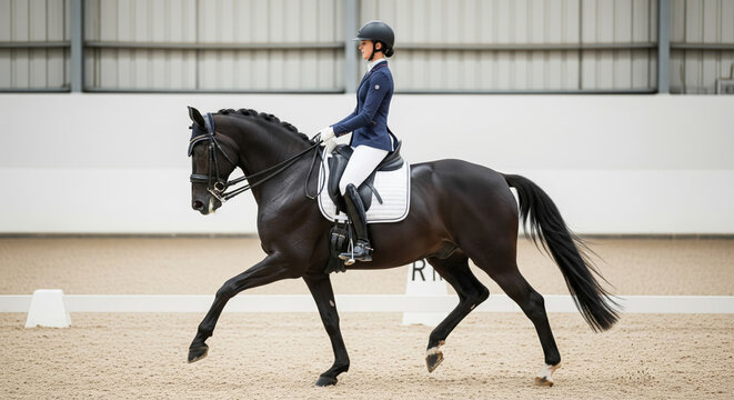 Woman in a helmet riding a black dressage horse - Powered by Adobe