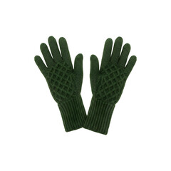 Obraz premium Dark green knit winter gloves laid flat on white background