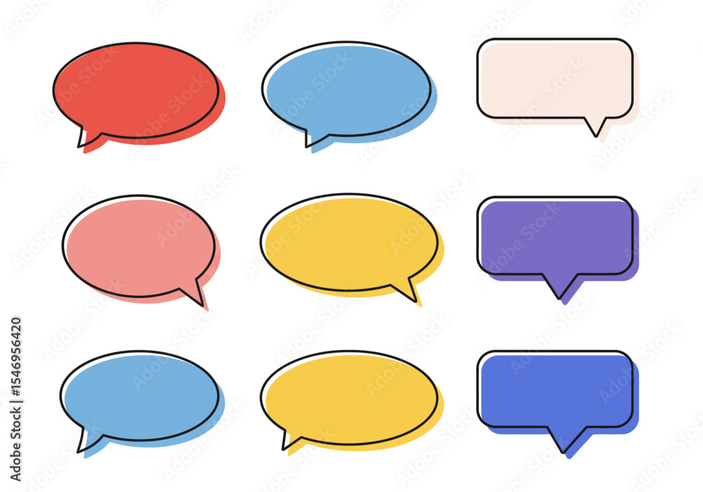 Poster a set of nine speech bubbles of different shapes and colors are neatly arranged on a white backgroun