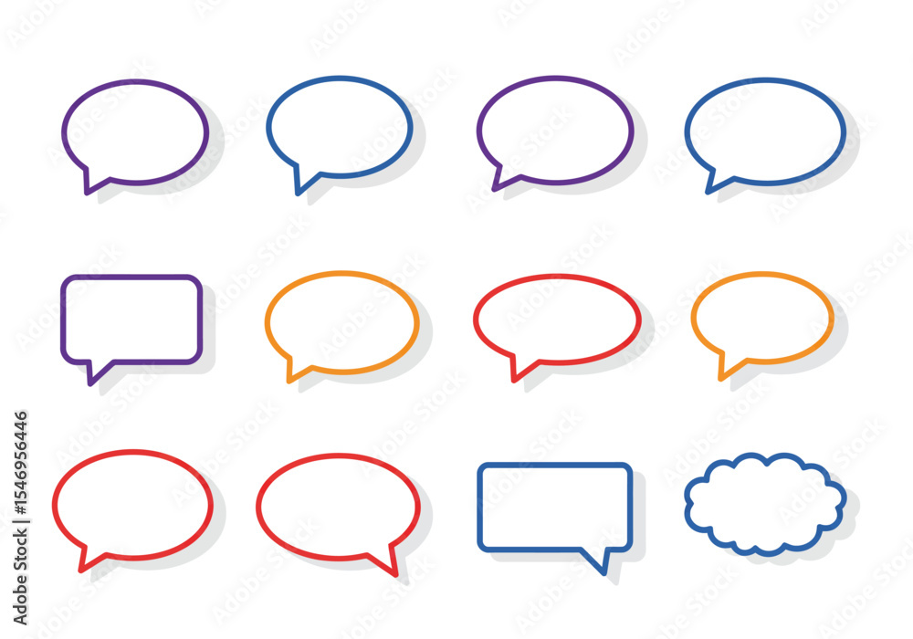 Poster an array of twelve outlined speech bubbles in varying colors and shapes casting subtle shadows