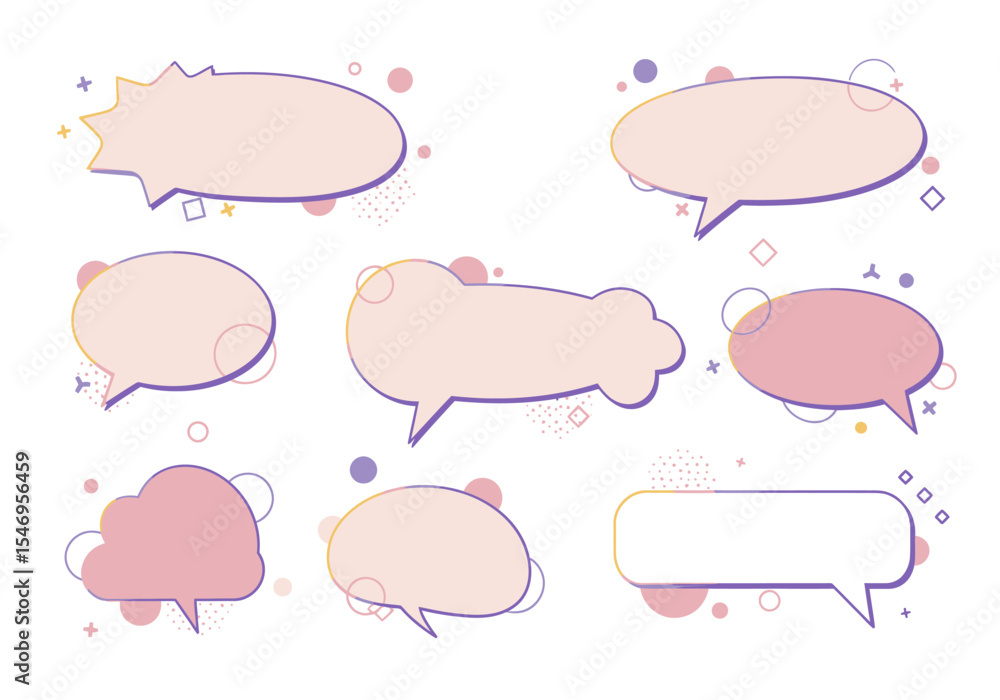 Poster assorted pastel speech bubbles with decorative circles dots and shapes on a white background