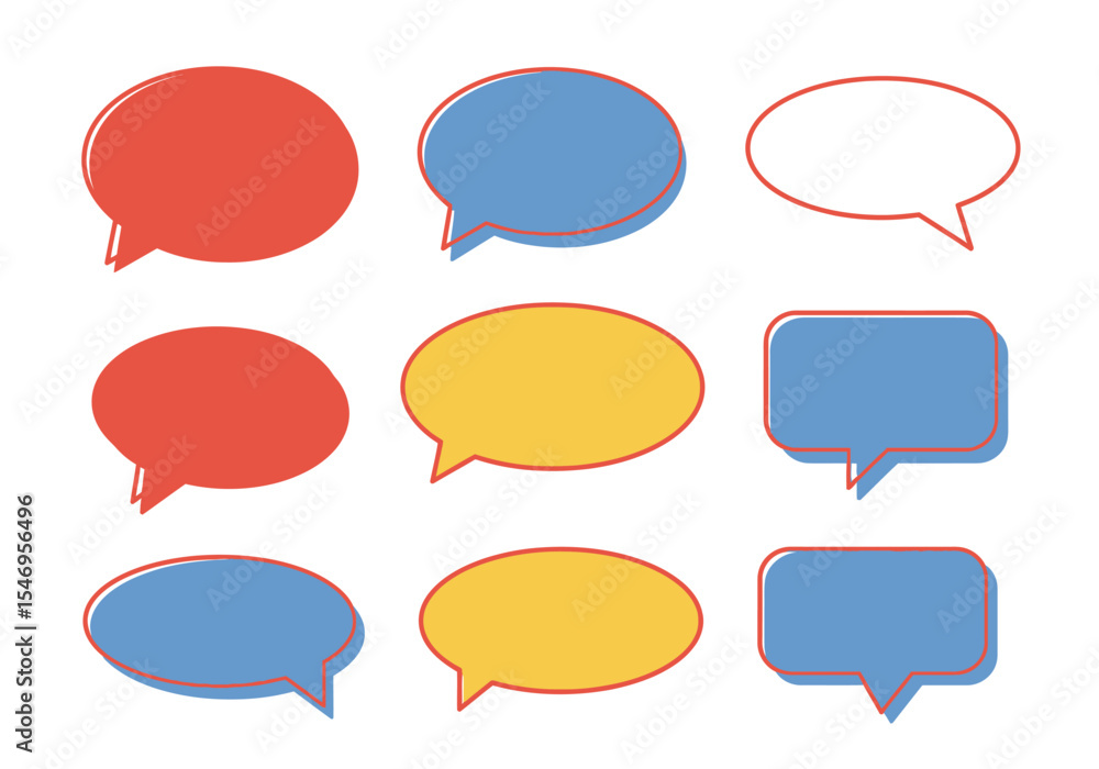 Poster collection of nine colorful chat bubbles in oval and rectangular shapes with red outlines
