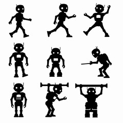Robot silhouette in various poses and actions