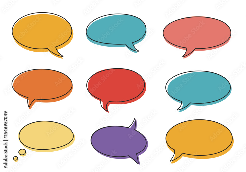 Fototapete nine speech bubbles in varied colors and styles arranged on a white backdrop