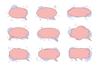 Nine pink chat bubbles on a white background with light purple and pink decorations
