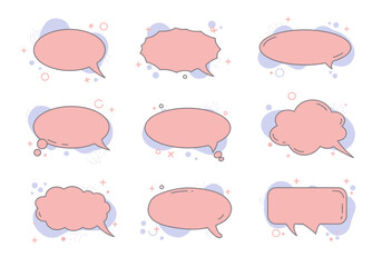 Nine speech bubbles are on a white background with purple  pink details