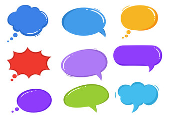 Nine speech bubbles in various shapes  colors are arranged on a white background