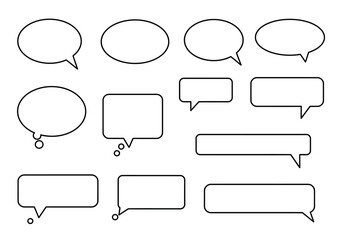 Fototapeta premium The image displays a collection of twelve distinct outlined speech bubble shapes varying in form and size