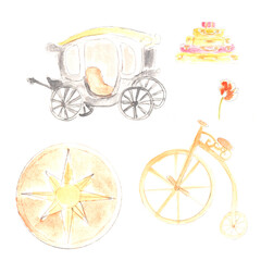 Travel, trip, transport. Watercolor set illustration, hand drawn modern freehand new