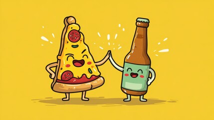 Pizza and beer characters celebrate friendship in cheerful illustration with bright yellow background