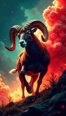 Fierce Ram, arrow drawn, radiating light, dynamic background , warrior, hero, aura