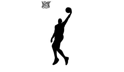 Silhouette of basketball player doing slam dunk, isolated on white background