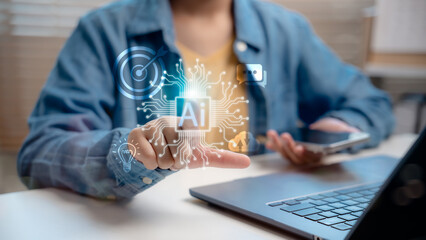 Close-up of person interacting with AI digital interface. Concept of artificial intelligence technology, smart automation, data processing, machine learning, and futuristic innovation system.