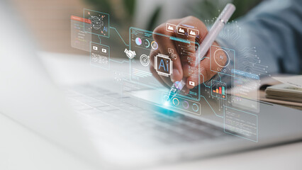 Close-up of hand using stylus on laptop with AI interface dashboard. Concept of artificial intelligence development, machine learning, big data visualization, coding, and tech innovation system.