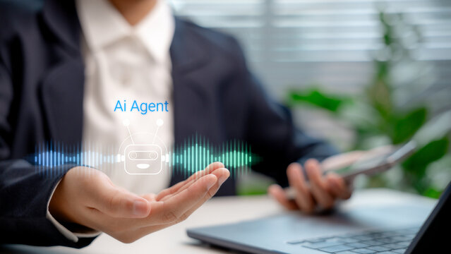Businessperson using AI Agent virtual assistant with voice waveform interface. Concept of artificial intelligence support, voice bot, smart customer service, and virtual assistant automation. - Powered by Adobe