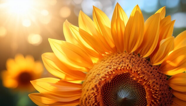 bright yellow flower of sunflower glowing in sunlight close up