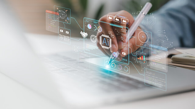 Close-up of hand using stylus on laptop with AI interface dashboard. Concept of artificial intelligence development, machine learning, big data visualization, coding, and tech innovation system. - Powered by Adobe