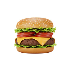A giant stacked hamburger with layers of lettuce, tomato, cheese, and meat on a white background