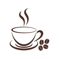 A hot coffee cup with steam and beans, a perfect symbol for a morning breakfast drink