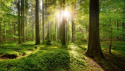 Obraz premium beautiful sun rays illuminating a lush spring forest in gorgeous shades of fresh green slow panning motion