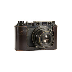 Retro-style black camera with large lens and manual controls