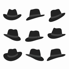 Nine fedora hats in various viewing angles
