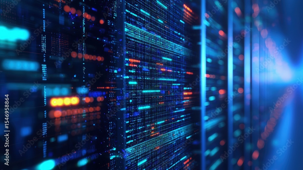 Aufkleber High speed data server room glowing with futuristic blue and red lights representing information flow, ideal for cybersecurity, cloud computing, and digital infrastructure themes