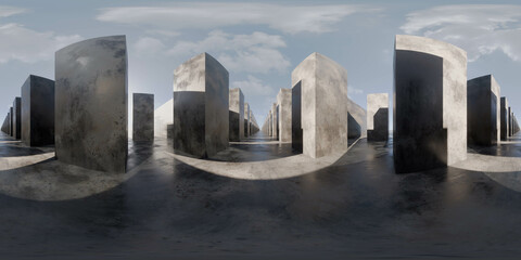 Surreal Abstract Landscape with Concrete Structures 360 vr panorama 3d render