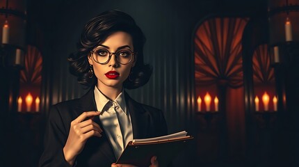A captivating portrait of a sophisticated woman with dark, styled hair and glasses, holding a notebook and pen, with warm, dramatic lighting and ornate archways in the background.