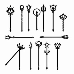 Magic wands and scepters set black silhouettes