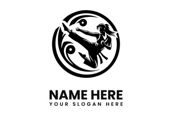 Silhouette of a female martial artist performing a dynamic high kick within a circular design.