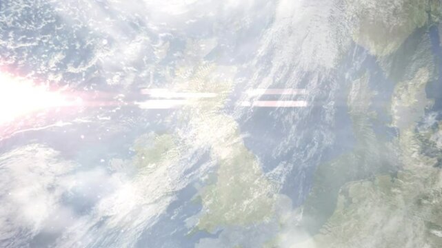 Earth zoom in from space and focus on Galashiels, Scotland, Scottish Borders, Great Britain. Background for travel intro or blog. Satellite view. 3D style Animation. Images from NASA.