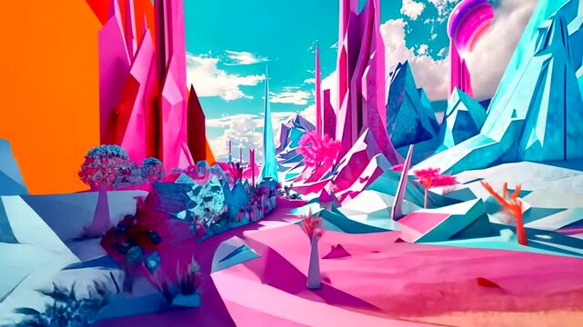 Vibrant, abstract landscape with stylized, geometric shapes and bright colors