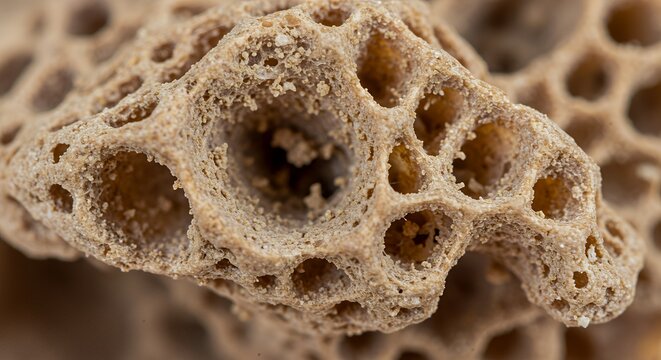 Macro Close-up of a Porous, Honeycomb-Like Beige Rock Structure