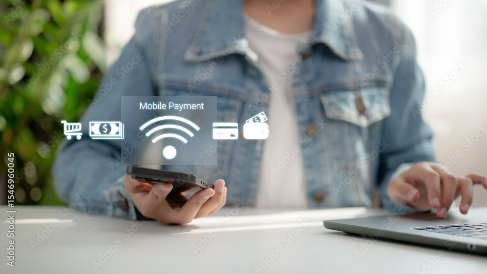 Poster a person using a smartphone for mobile payment with digital icons. concept of contactless transactio