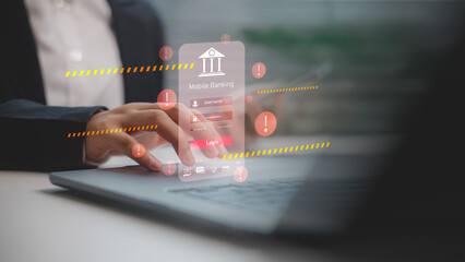 Person logging into mobile banking app with warning signs and alert interface. Concept of cybersecurity breach, phishing attack, login risk, identity theft, and online banking security threat.