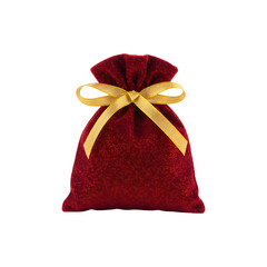 Red velvet drawstring gift bag with gold ribbon.