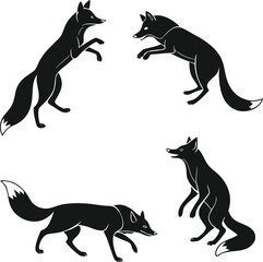 Dynamic Black Fox Silhouette Vector Collection - Playful Wildlife Illustrations in Various Poses for Nature and Animal Designs
