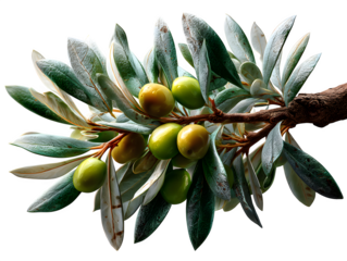 Old olive tree branch with silvery-green leaves, traditional Mediterranean look, styled on white, isolated to transparent background