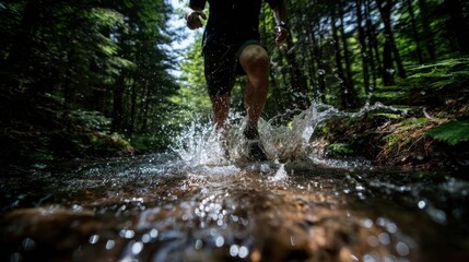 Dynamic Trail Runner Crossing a Refreshing Stream in the Woods – Capturing the Essence of Outdoor Adventure and Fitness